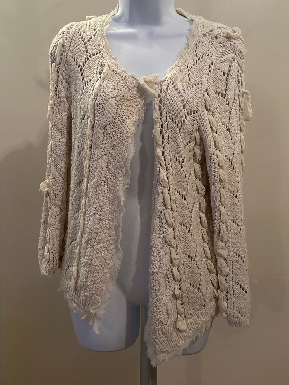 Anthropologie Ivory Open-Knit Fringe Cardigan